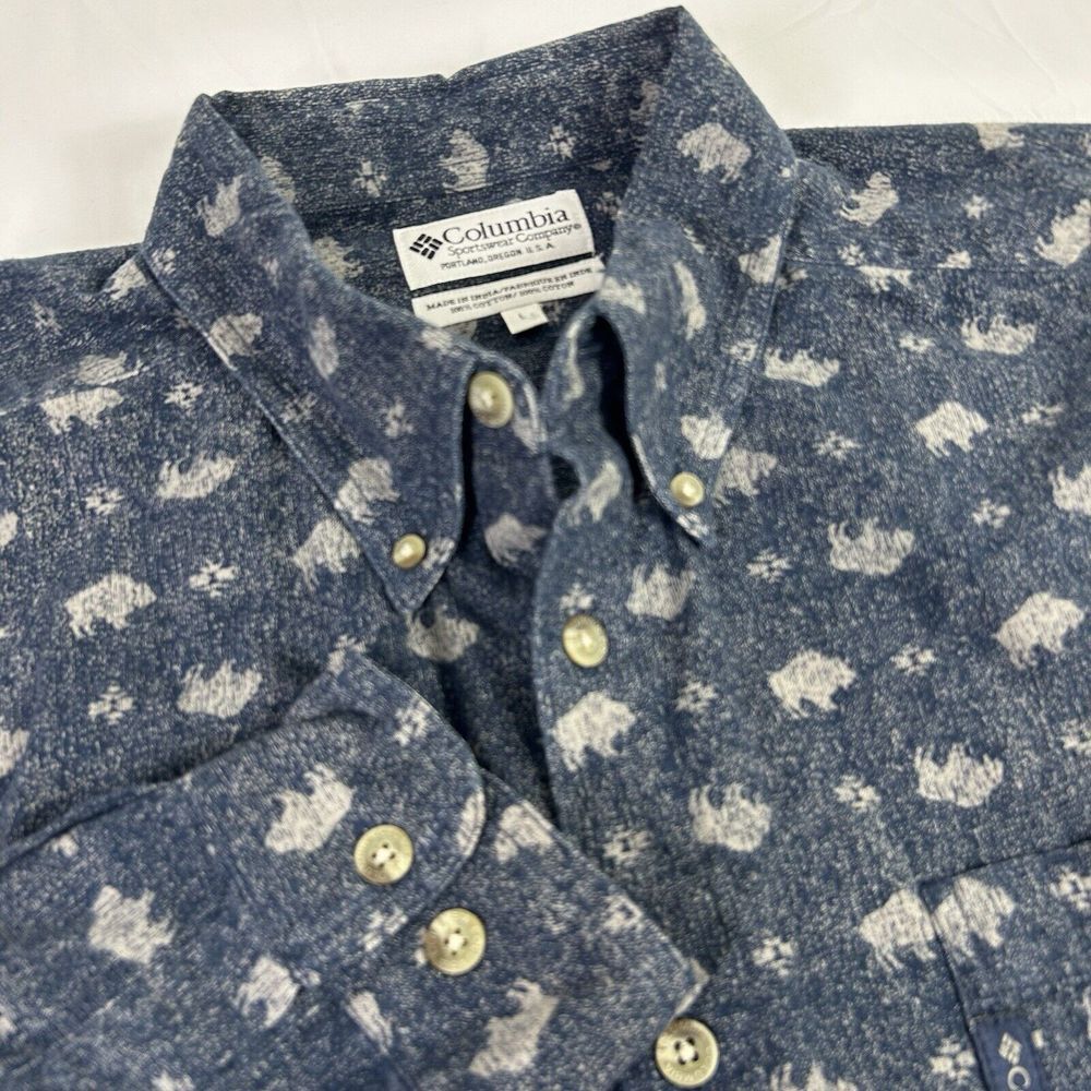 Vintage Columbia Blue Button Down Flannel Shirt Buffalo Men's Size Large EUC
